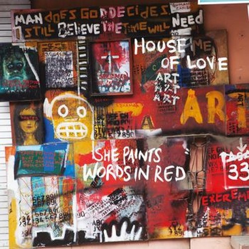 she paints words in red (coloured)
